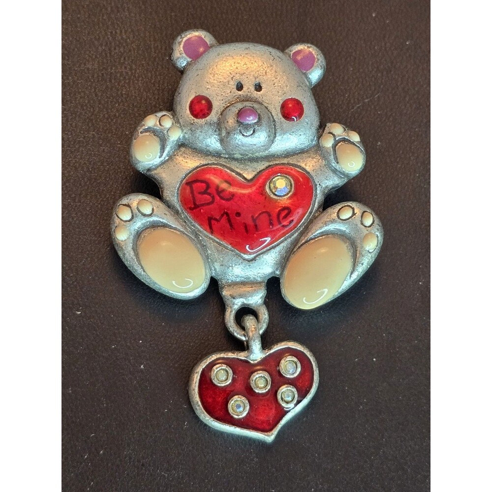 Vintage AJMO Teddy Bear Brooch Be Mine Articulated Dangle Heart Mothers Day Gift